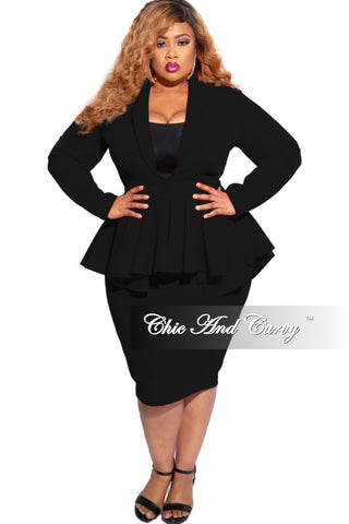 New Plus Size Deep V Neck Peplum BodyCon Dress in Black Striped Scuba Fabric