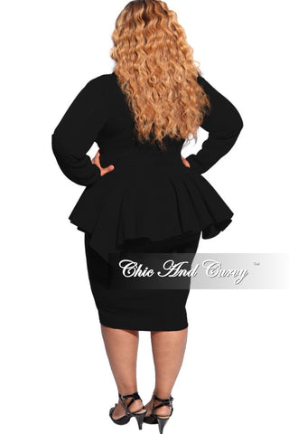 New Plus Size Deep V Neck Peplum BodyCon Dress in Black Striped Scuba Fabric