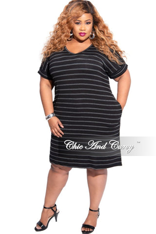 Final Sale Plus Size Rolled Sleeve V-Neck Dress in Black with Grey Stripes