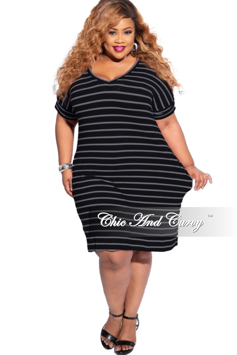 Final Sale Plus Size Rolled Sleeve V-Neck Dress in Black with Grey Stripes