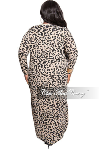 Final Sale Plus Size 2-Piece Duster and Sleeveless Midi BodyCon Dress in Nude Animal Print (Seasonal Item)