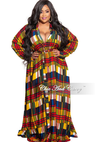 Final Sale Plus Size Collar Button Up Maxi Dress with Attached Belt in Yellow & Multi Color Plaid Print