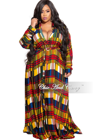 Final Sale Plus Size Collar Button Up Maxi Dress with Attached Belt in Yellow & Multi Color Plaid Print