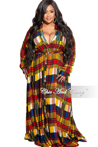 Final Sale Plus Size Collar Button Up Maxi Dress with Attached Belt in Yellow & Multi Color Plaid Print