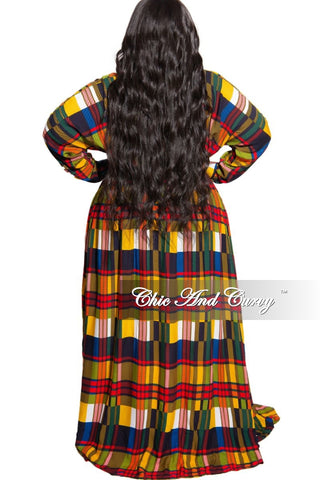 Final Sale Plus Size Collar Button Up Maxi Dress with Attached Belt in Yellow & Multi Color Plaid Print