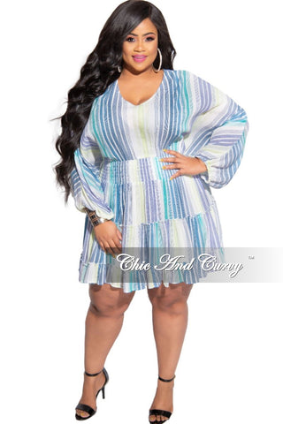 Final Sale Plus Size Baby-Doll Dress in Blue Multi Stripe