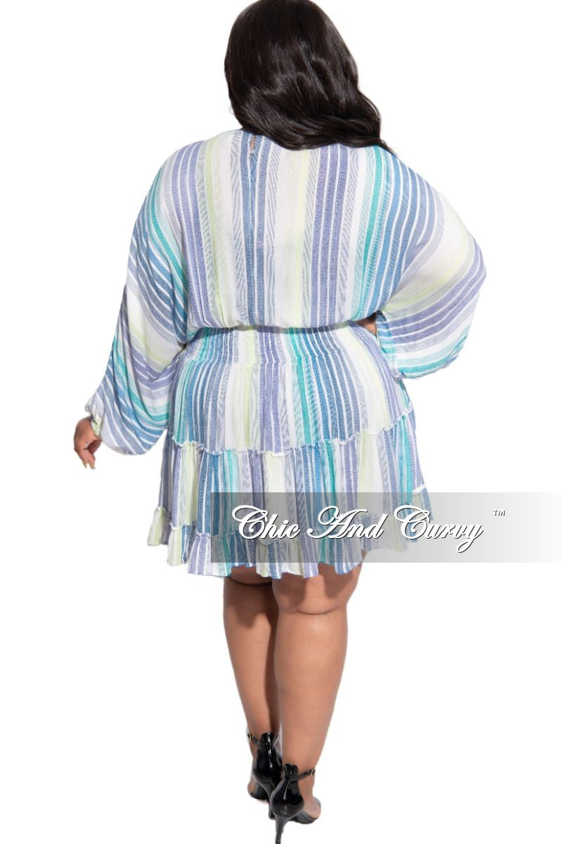 Final Sale Plus Size Baby-Doll Dress in Blue Multi Stripe