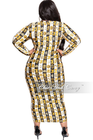 Final Sale Plus Size Reversible BodyCon Dress in Black White and Gold Design Print