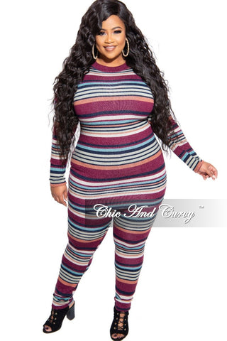 Final Sale Plus Size Shimmer Stripe 2-Piece Long Sleeve Top and Pants Set in Purple Multi Color