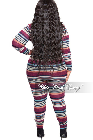 Final Sale Plus Size Shimmer Stripe 2-Piece Long Sleeve Top and Pants Set in Purple Multi Color