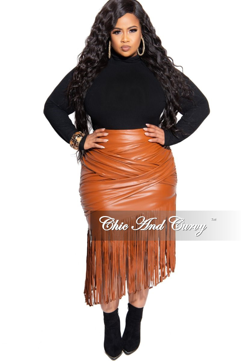 Final Sale Plus Size Faux Leather Fringe Skirt in Cognac