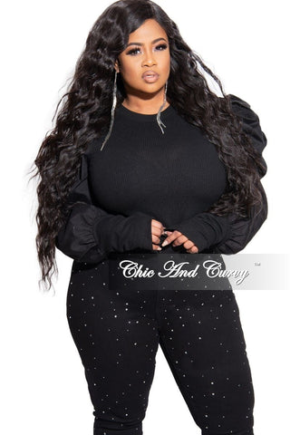Final Sale Plus Size Long Sleeve Ribbed Top with Puffy Sleeves in Black