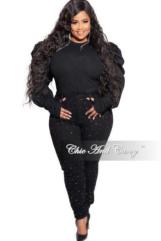 Final Sale Plus Size Long Sleeve Ribbed Top with Puffy Sleeves in Black