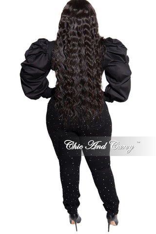 Final Sale Plus Size Long Sleeve Ribbed Top with Puffy Sleeves in Black