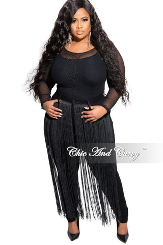 Final Sale Plus Size Black High Waist Jeans with Front Long Tassel Trim