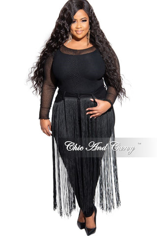 Final Sale Plus Size Black High Waist Jeans with Front Long Tassel Trim
