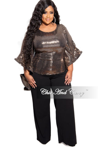Final Sale Plus Size Faux Sequin Bell Sleeve Top in Gold
