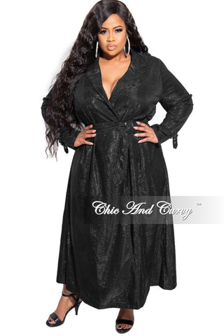 Final Sale Plus Size Metallic Collar Dress / Trench Coat with Belt in Black