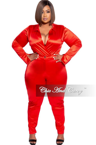 Final Sale Plus Size 2-Piece Satin Collared Faux Wrap Bodysuit and Pants Set in Red