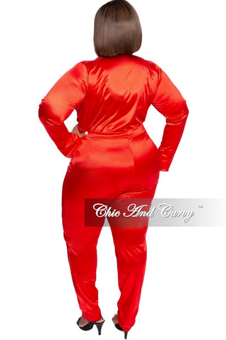 Final Sale Plus Size 2-Piece Satin Collared Faux Wrap Bodysuit and Pants Set in Red