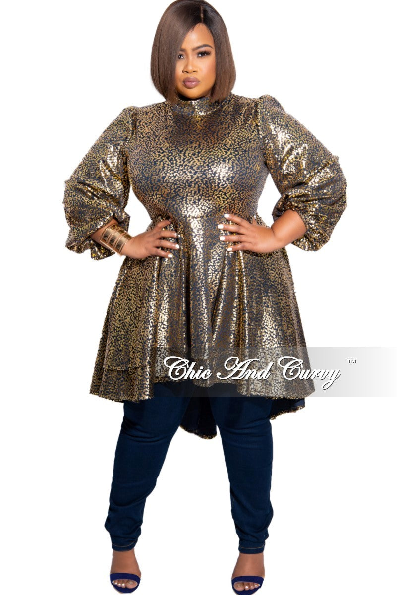 Final Sale Plus Size Gold Foil High Low Dress/Tunic in Navy and Gold Design Print