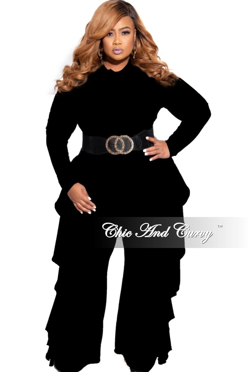 New Plus Size Reversible Ribbed Side Ruffle Jumpsuit in Black