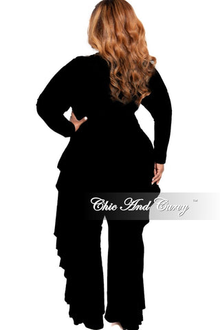 New Plus Size Reversible Ribbed Side Ruffle Jumpsuit in Black