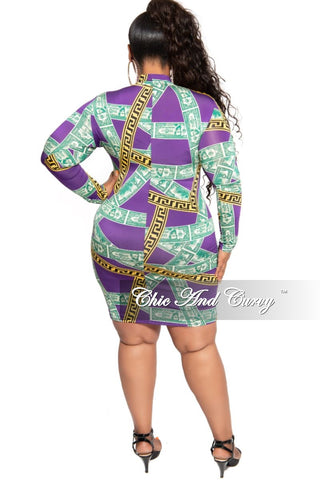 Final Sale Plus Size Mock Neck Money Design BodyCon Dress in Purple Maze Print