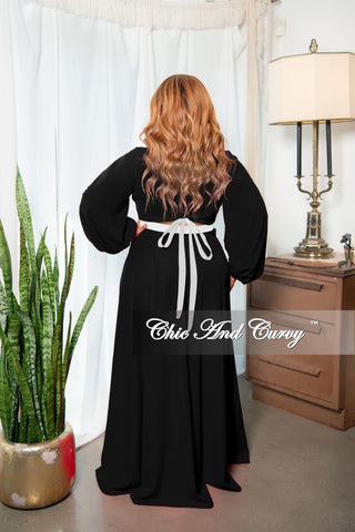 Final Sale Plus Size 2-Piece Faux Wrap Bow Tie Top and Maxi Skirt Set in Black with White Trim