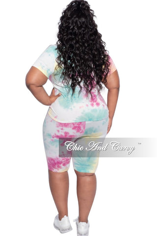 Final Sale Plus Size 2-Piece (Knotted Top & Bermuda Short) Set in Yellow, Mint, and Pink Tie Dye