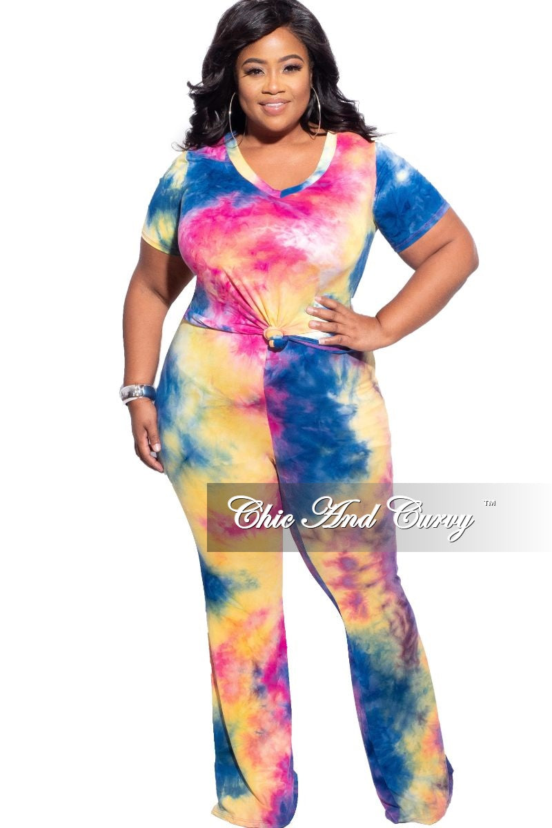 Final Sale Plus Size 2-Piece (Knotted Top & Palazzo Pants) Set in Pink/Blue Tie Dye