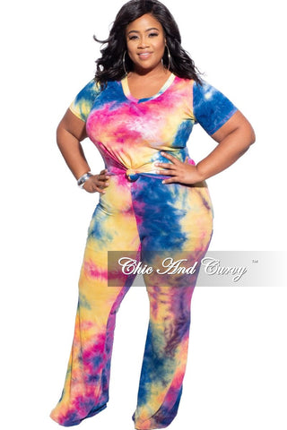 Final Sale Plus Size 2-Piece (Knotted Top & Palazzo Pants) Set in Pink/Blue Tie Dye