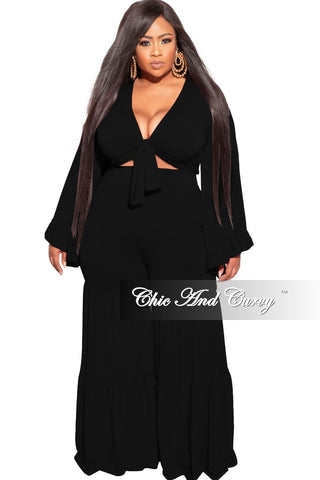 Final Sale Plus Size 2pc Bell Sleeve Crop Tie Top and 3-Layer Pants Set in Black