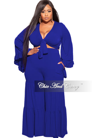 Final Sale Plus Size 2pc Bell Sleeve Crop Tie Top and 3-Layer Pants Set in Royal Blue