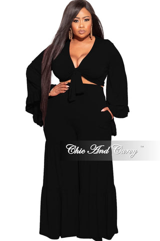 Final Sale Plus Size 2pc Bell Sleeve Crop Tie Top and 3-Layer Pants Set in Black