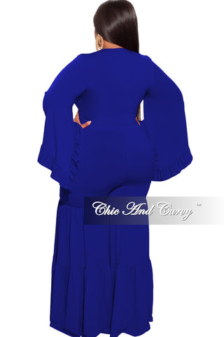 Final Sale Plus Size 2pc Bell Sleeve Crop Tie Top and 3-Layer Pants Set in Royal Blue