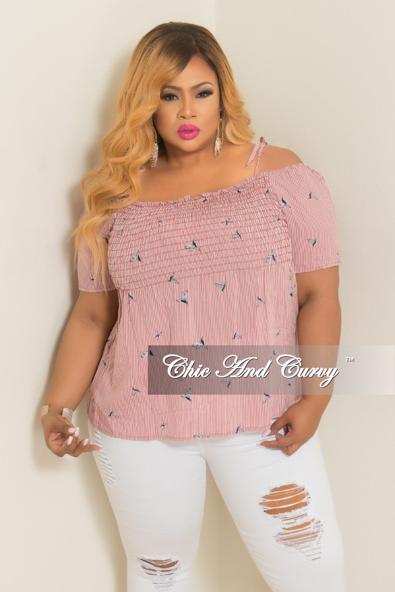 Final Sale Plus Size Hummingbird Stripe Printed Cold Shoulder Top in Red and White